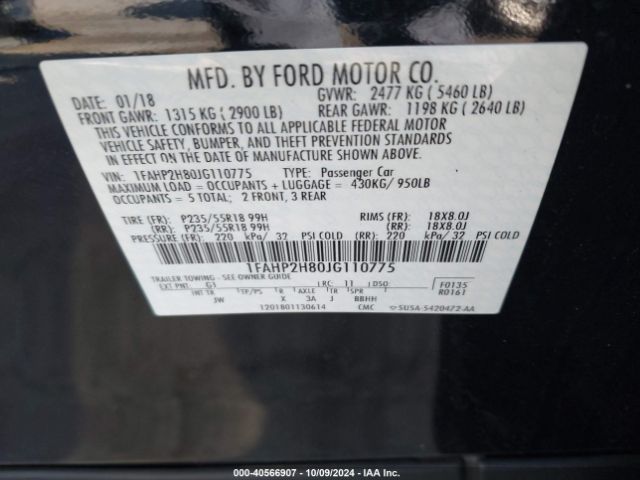 1FAHP2H80JG110775 Ford TAURUS SEL