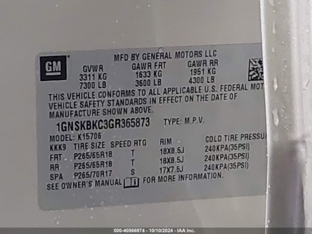 1GNSKBKC3GR365873 Chevrolet Tahoe Lt