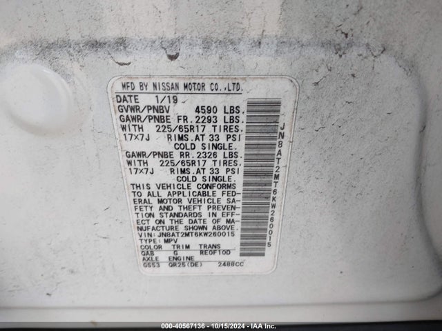 Nissan ROGUE SV 2019 JN8AT2MT6KW260015 Image 9