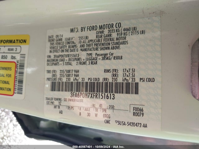 Ford FUSION SE 2015 3FA6P0H7XFR151613 Image 9