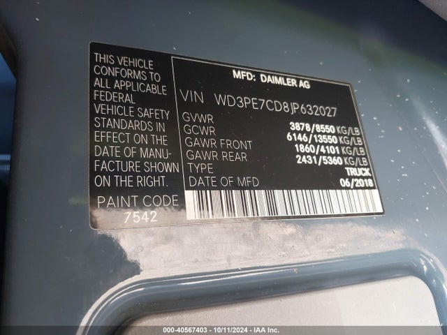 WD3PE7CD8JP632027 Mercedes-Benz Sprinter 2500 Standard Roof V6