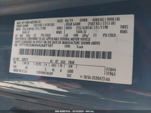 Ford Transit-250 2019 1FTYR3XM3KKA97107 Image 9