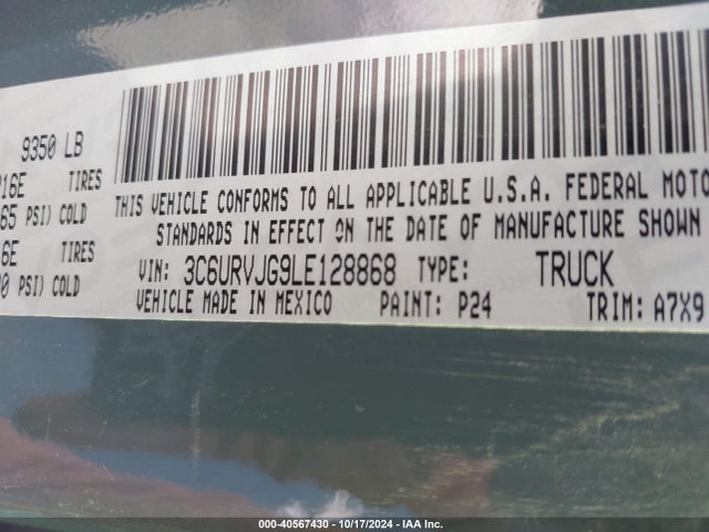 3C6URVJG9LE128868 RAM Promaster 3500 Cargo Van High Roof 159 Wb Ext