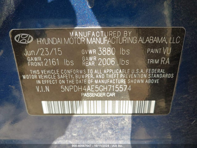 Hyundai ELANTRA SE 2016 5NPDH4AE5GH715574 Image 9