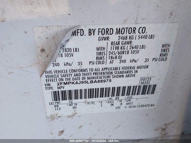 Ford EDGE SEL 2020 2FMPK4J95LBA88975 Image 9
