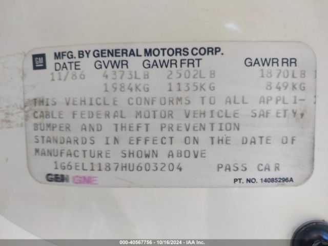 1987 CADILLAC ELDORADO 1G6EL1187HU603204 Photo 8