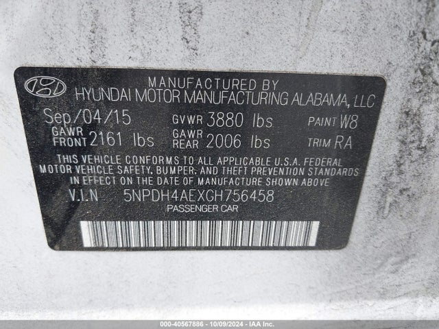 Hyundai ELANTRA SE 2016 5NPDH4AEXGH756458 Image 9
