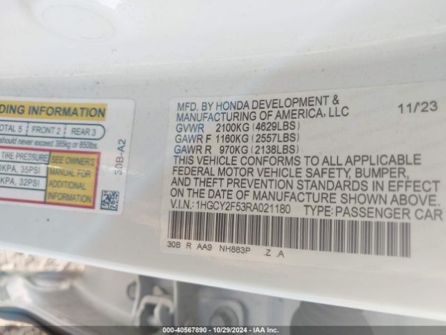 1HGCY2F53RA021180 Honda Accord Hybrid Sport