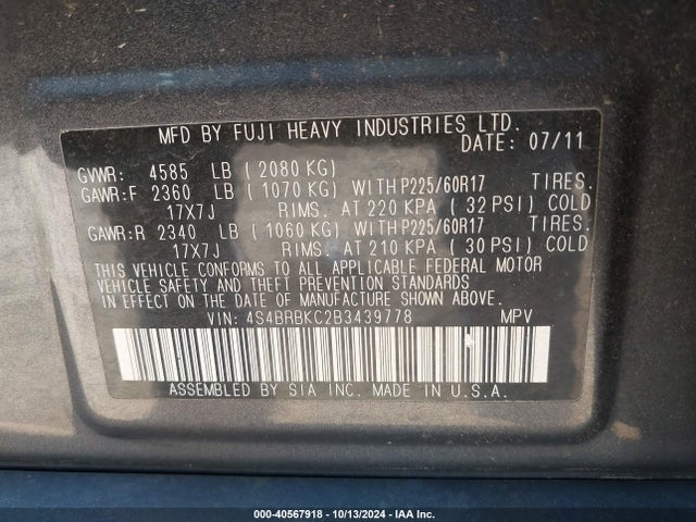 Продажа на аукционе авто 2011 Subaru Outback 2.5i Limited, vin: 4S4BRBKC2B3439778, номер лота: 40567918