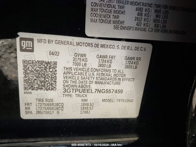 3GTPUEEL7NG557459 GMC Sierra 1500 4wd  Short Box At4