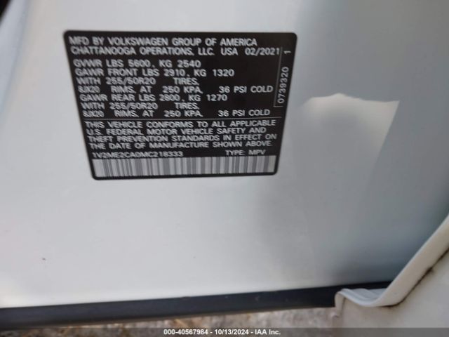 1V2ME2CA0MC218333 Volkswagen Atlas Cross Sport 3.6l V6 Se W/technology R-line