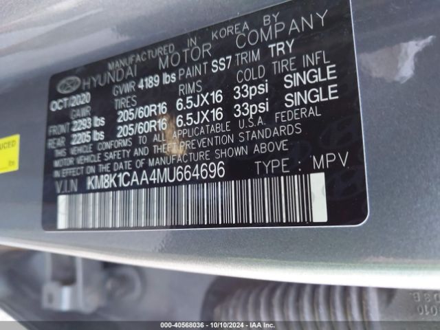 KM8K1CAA4MU664696 Hyundai Kona Se