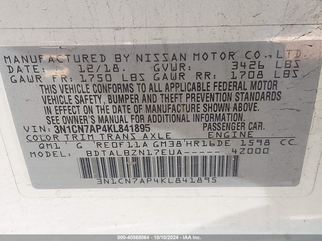 Nissan Versa 1.6 Sv 2019 3N1CN7AP4KL841895 Image 9