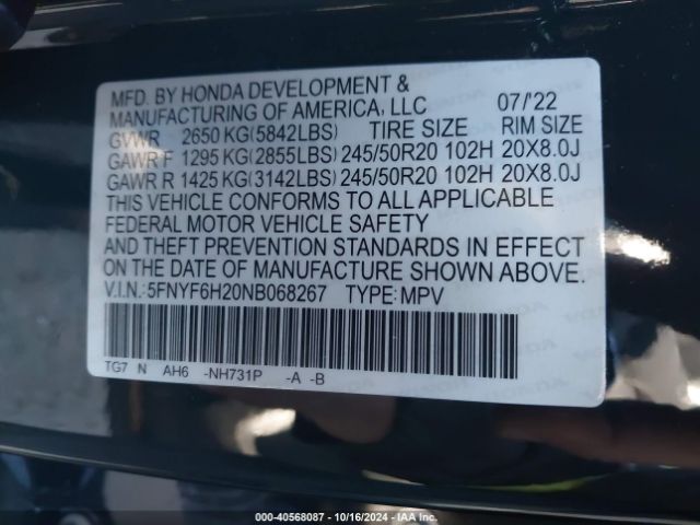 5FNYF6H20NB068267 Honda Pilot Awd Special Edition