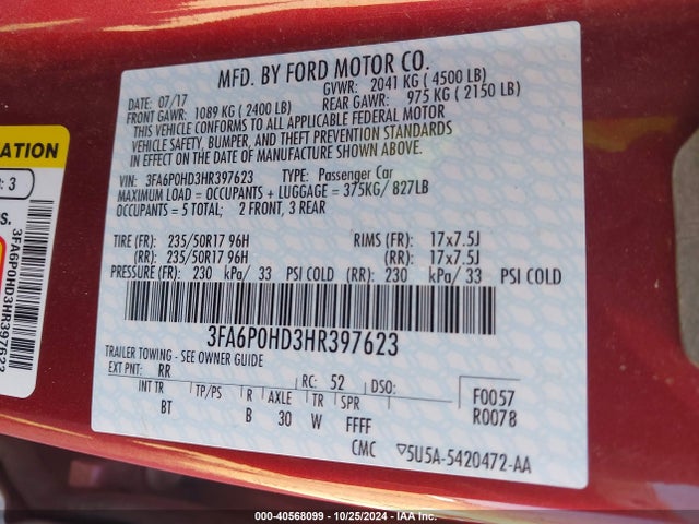 Ford FUSION SE 2017 3FA6P0HD3HR397623 Image 9
