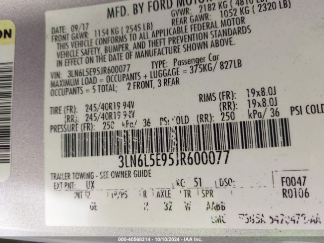 3LN6L5E95JR600077 Lincoln Mkz Reserve