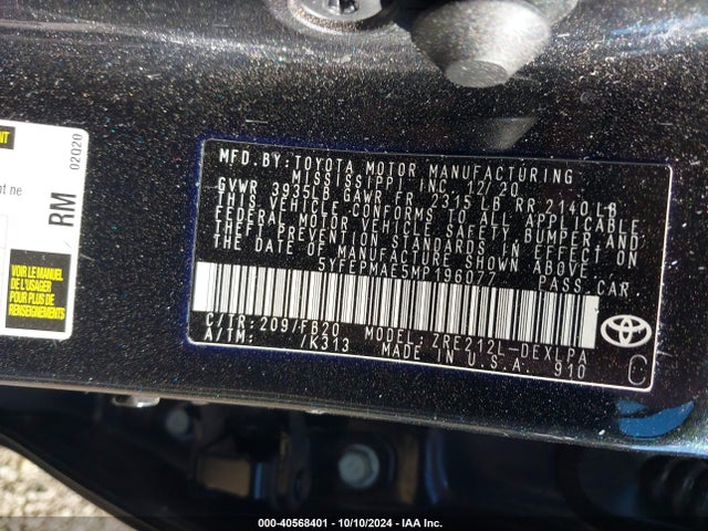 Toyota COROLLA LE 2021 5YFEPMAE5MP196077 Image 9