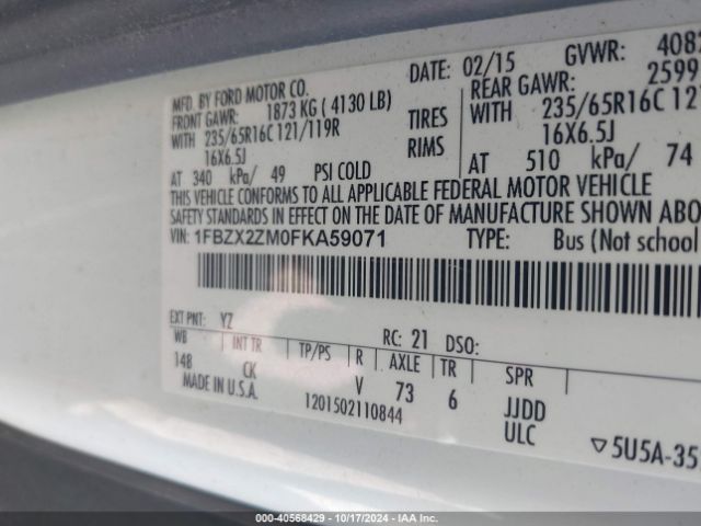 1FBZX2ZM0FKA59071 Ford Transit-350 Xlt