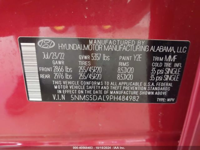 5NMS5DAL9PH484982 Hyundai Santa Fe Calligraphy