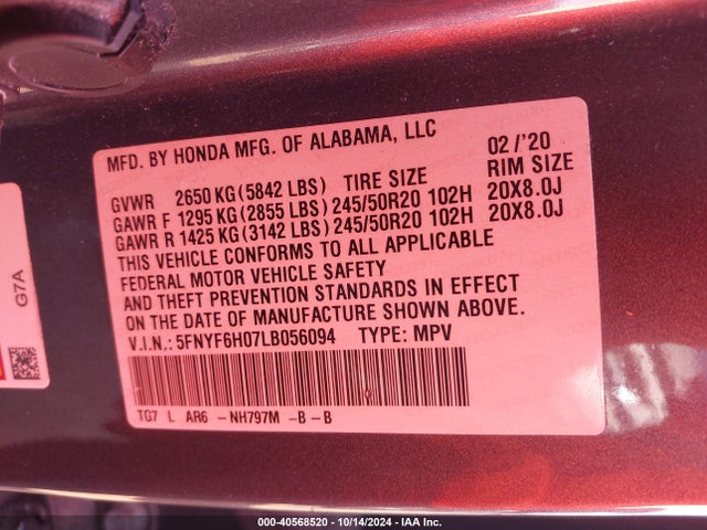 Honda Pilot Awd Elite 2020 5FNYF6H07LB056094 Image 9
