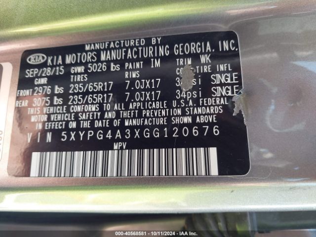 5XYPG4A3XGG120676 KIA Sorento 2.4l Lx