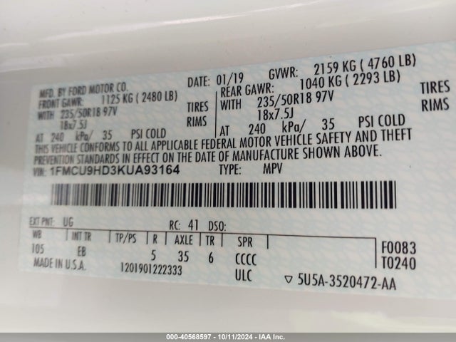 Ford ESCAPE SEL 2019 1FMCU9HD3KUA93164 Image 9
