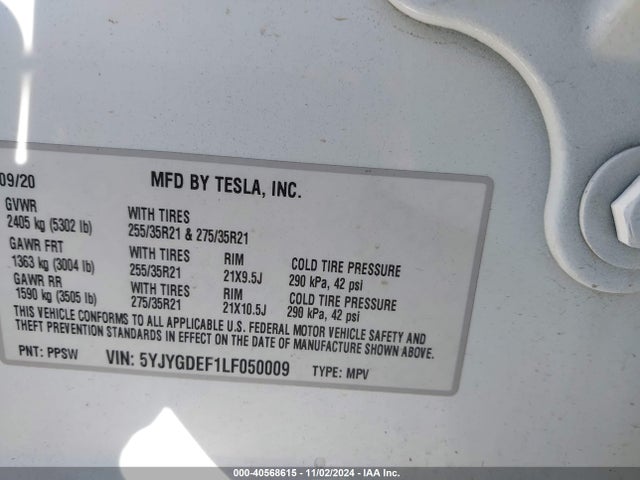 2020 TESLA MODEL Y 5YJYGDEF1LF050009 Photo 8