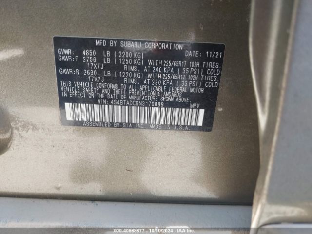 4S4BTADC6N3170889 Subaru Outback Premium