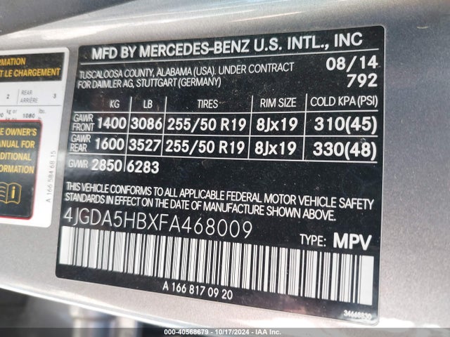 4JGDA5HBXFA468009 Mercedes-Benz Ml 350 4matic