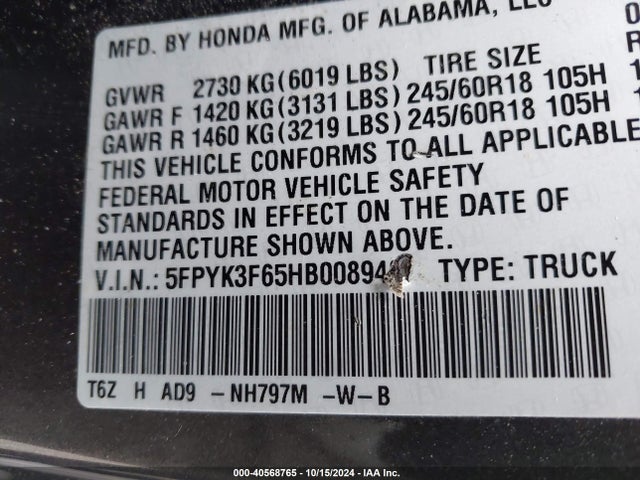 Honda Ridgeline Rtl-t 2017 5FPYK3F65HB008948 Image 9