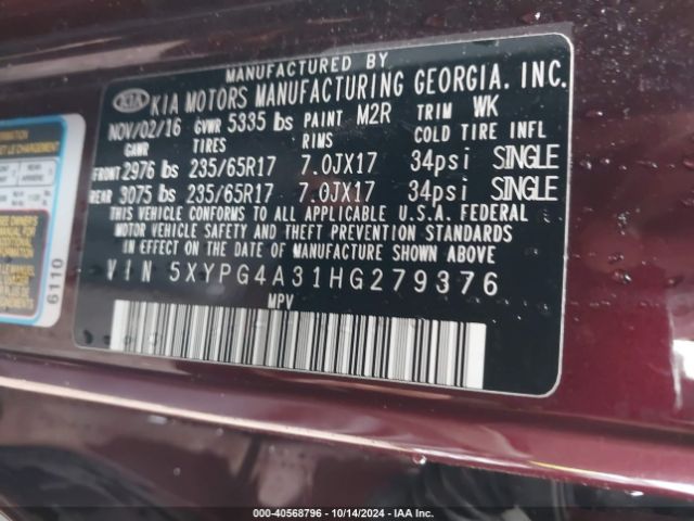 5XYPG4A31HG279376 KIA Sorento 2.4l Lx