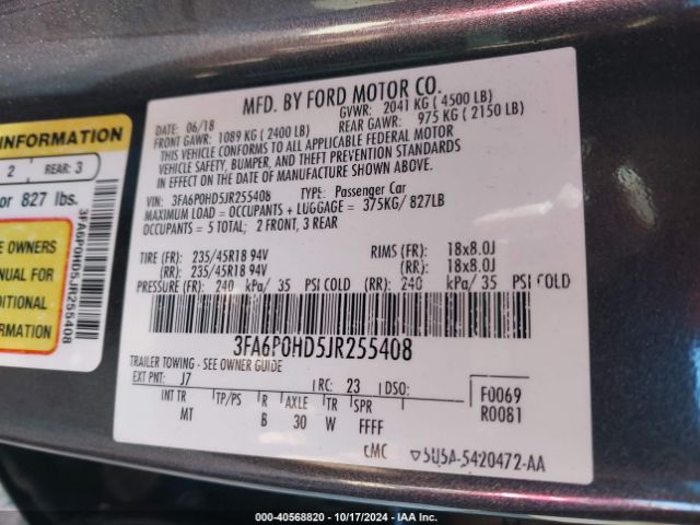3FA6P0HD5JR255408 Ford FUSION SE