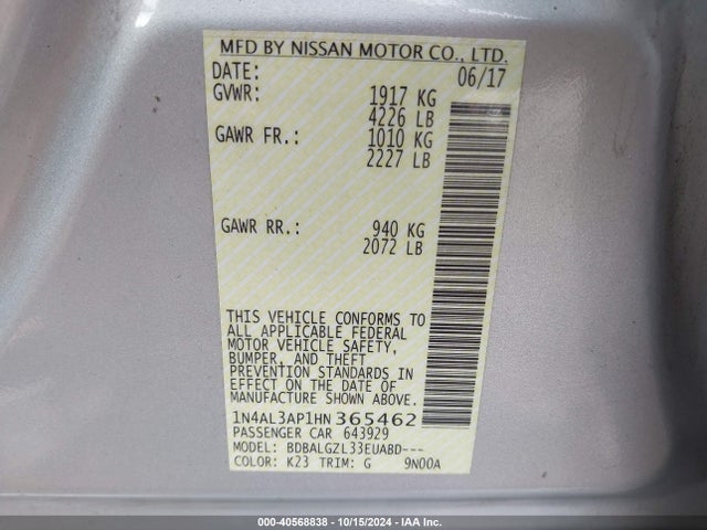 Nissan Altima 2.5 S 2017 1N4AL3AP1HN365462 Image 9