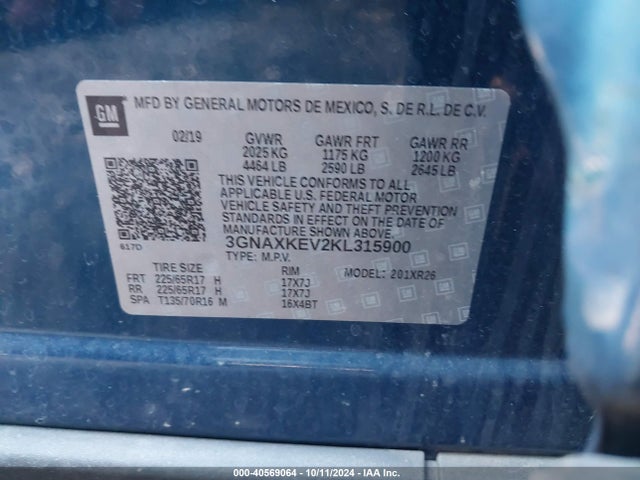 Chevrolet EQUINOX LT 2019 3GNAXKEV2KL315900 Image 9