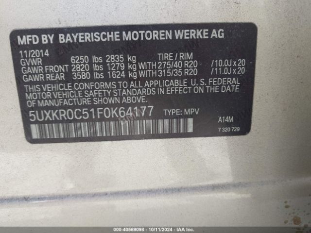 5UXKR0C51F0K64177 BMW X5 Xdrive35i