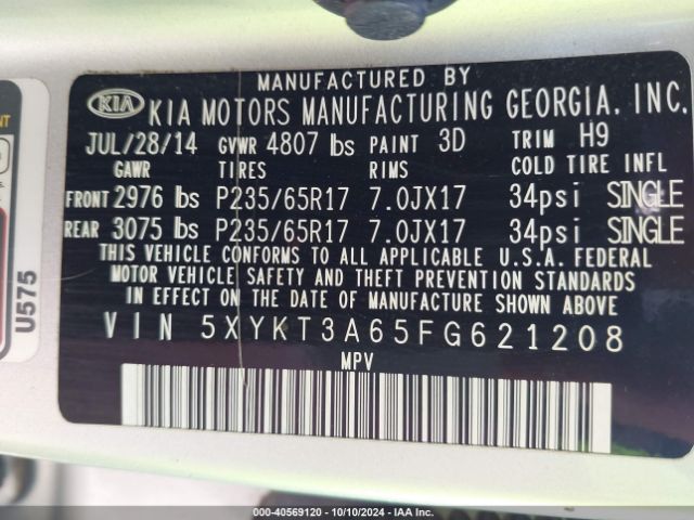 5XYKT3A65FG621208 KIA SORENTO LX
