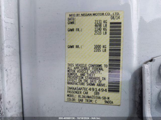 1N4AA5AP7EC491494 Nissan Maxima 3.5 Sv