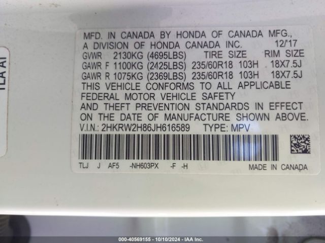 2HKRW2H86JH616589 Honda Cr-v Ex-l/ex-l Navi