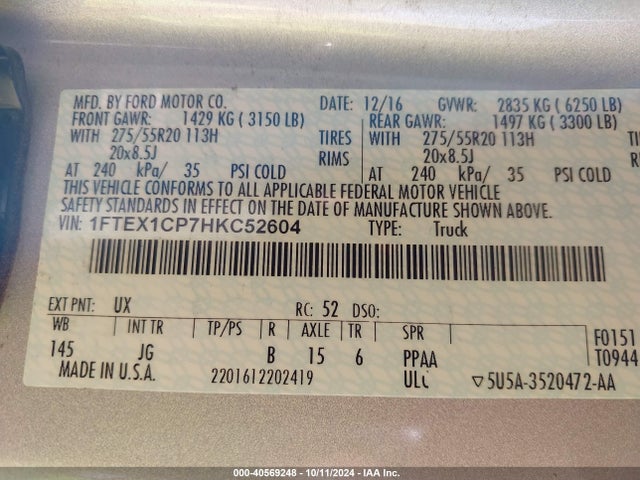 Ford F-150 Xl 2017 1FTEX1CP7HKC52604 Image 9