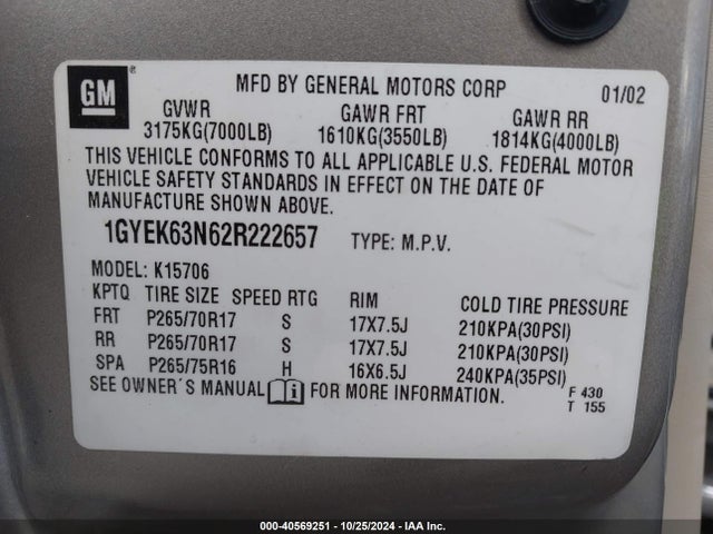 2002 CADILLAC ESCALADE 1GYEK63N62R222657 Photo 8
