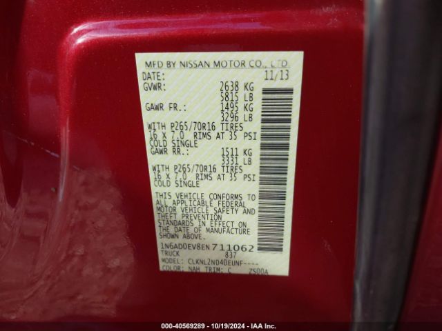1N6AD0EV8EN711062 Nissan Frontier Sv