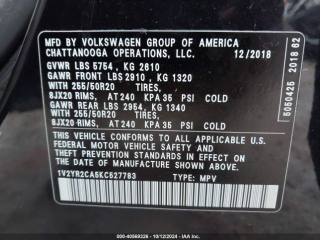1V2YR2CA5KC527783 Volkswagen Atlas 3.6l V6 Se W/technology R-line