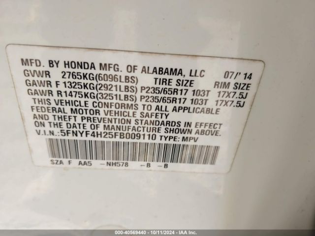 5FNYF4H25FB009110 Honda PILOT LX