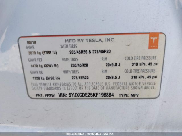 5YJXCDE25KF196884 Tesla Model X 100d/75d/long Range/standard Range