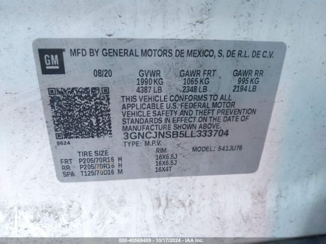 3GNCJNSB5LL333704 Chevrolet Trax Awd Ls