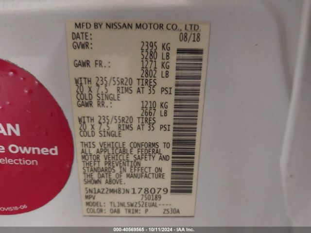 5N1AZ2MH8JN178079 Nissan Murano Platinum