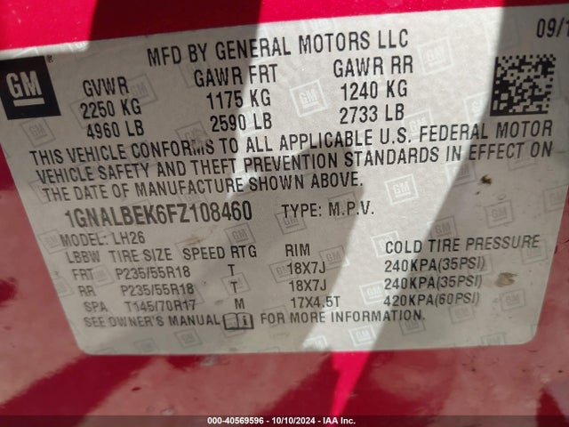 Chevrolet EQUINOX 1LT 2015 1GNALBEK6FZ108460 Image 9