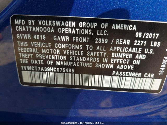 1VWCT7A39HC075485 Volkswagen Passat 1.8t Sel Premium