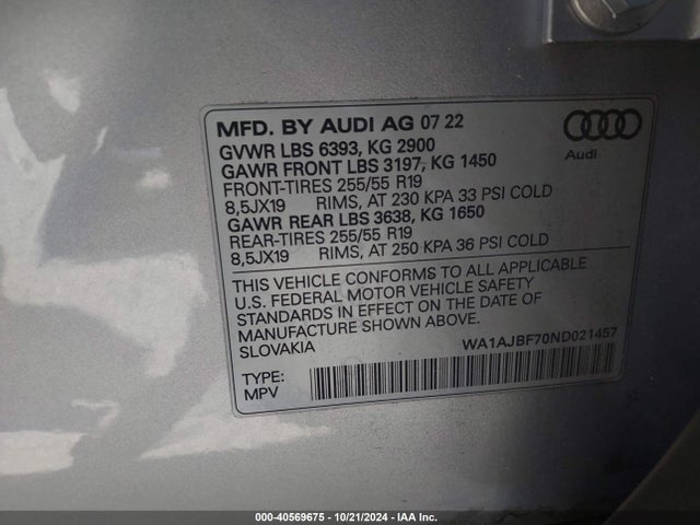 WA1AJBF70ND021457 Audi Q7 Premium 45 Tfsi Quattro Tiptronic