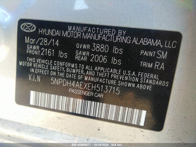 Продаж на аукціоні авто 2014 Hyundai Elantra Se, vin: 5NPDH4AEXEH513715, номер лоту: 40569677